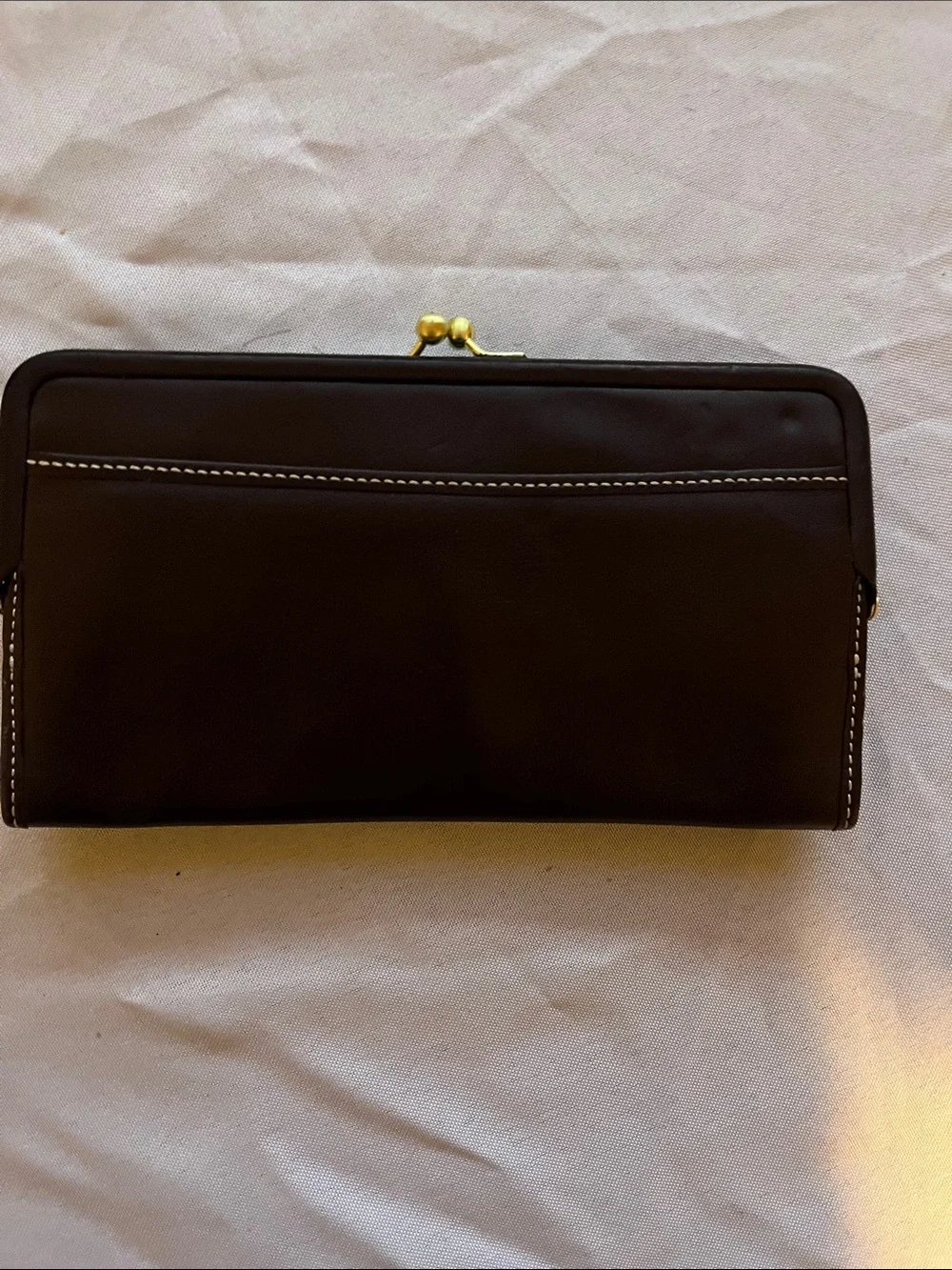 Coach Brown Leather Kiss-Lock Wallet with Contrast Stitching